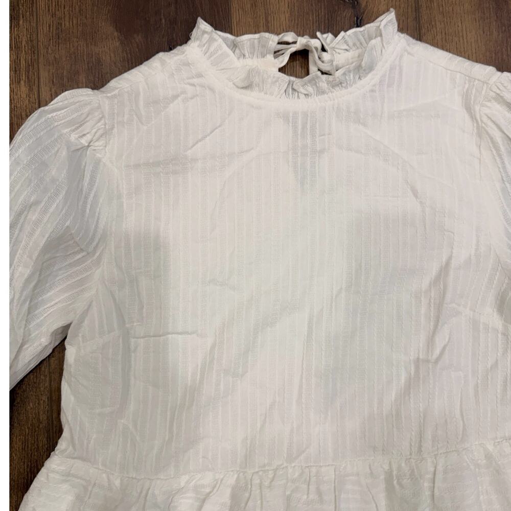 En Saison White Textured Ruffle Neck Long Sleeve Mini Dress Small - Picture 3 of 14